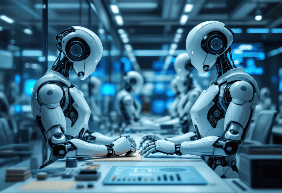 [Robots de Inteligencia Artificial trabajando]